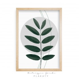 Duży liść na plakacie z elementami geometrycznymi w tle