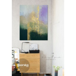 Autorskie obrazy abstrakcyjne, zielony, złoty, fioletowy obraz do salonu