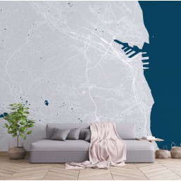 Szaro-turkusowa fototapeta z mapą miasta w salonie. Gdynia, Gdańsk, Trójmiasto Szaro-turkusowa fototapeta z mapą miasta w salonie. Gdynia, Gdańsk, Trójmiasto