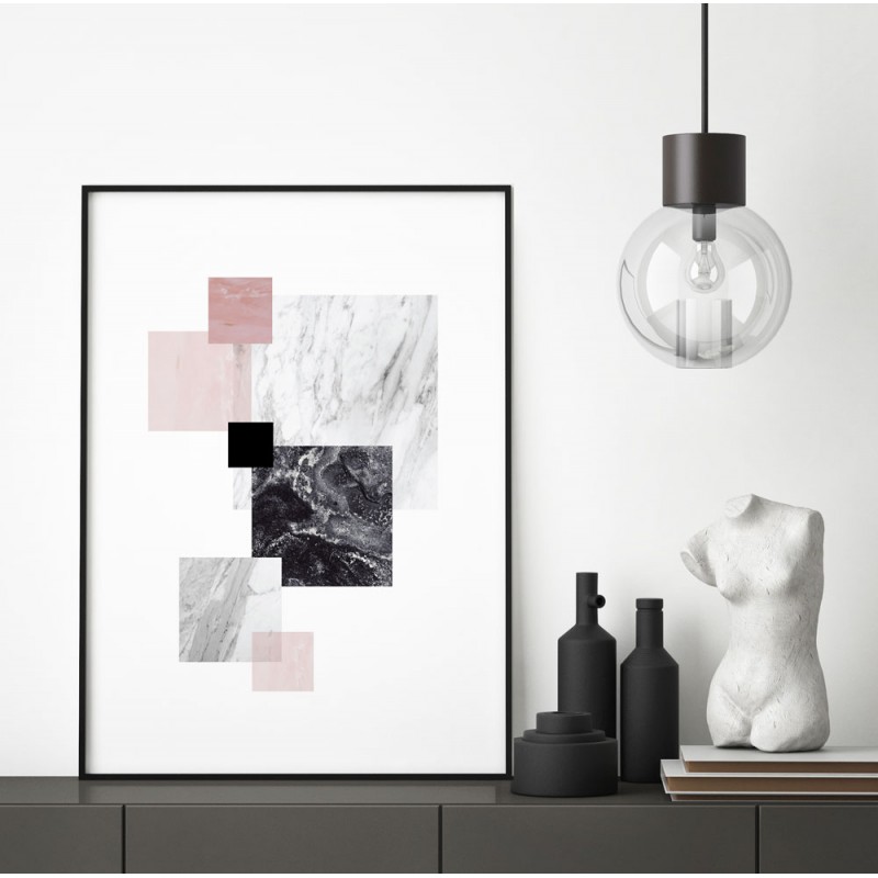 Minimalistyczny plakat z marmurem - czarne, szare i różowe kwadraty na białym tle