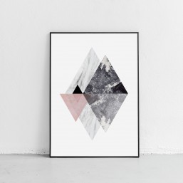 Szare i różowe trójkąty na białym tle - abstrakcyjny plakat na ścianę