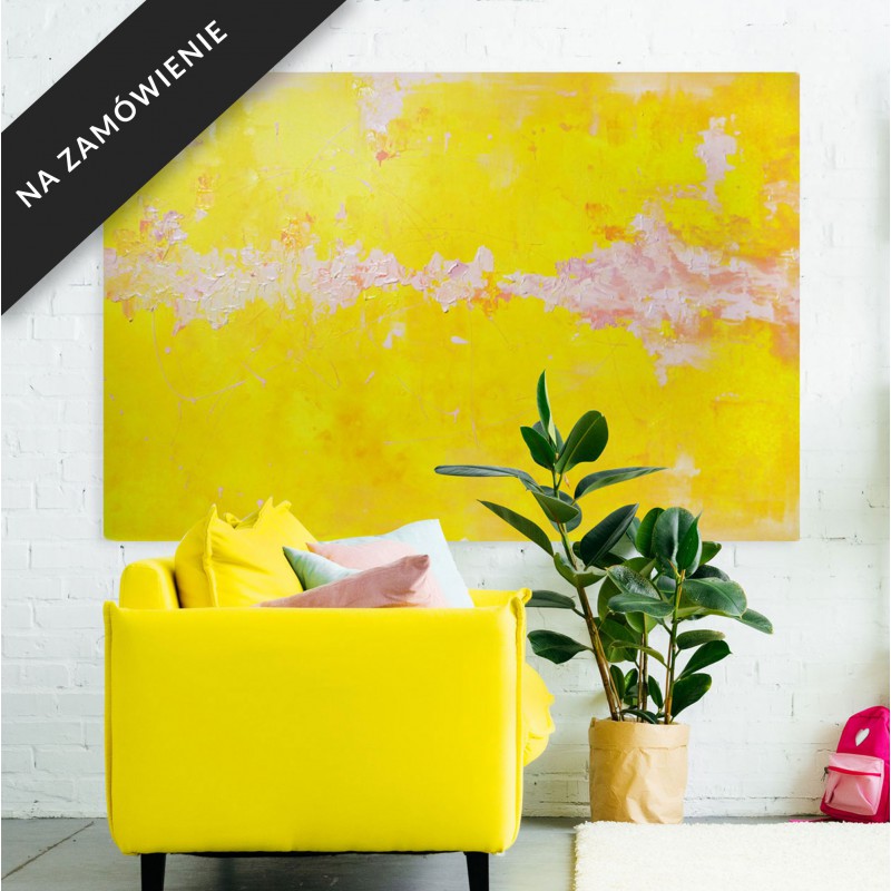 Żółty obraz akrylowy z różowym akcentem